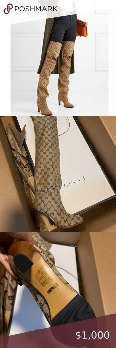 gucci boots suede monogram and gold|Gucci print thigh high boots.